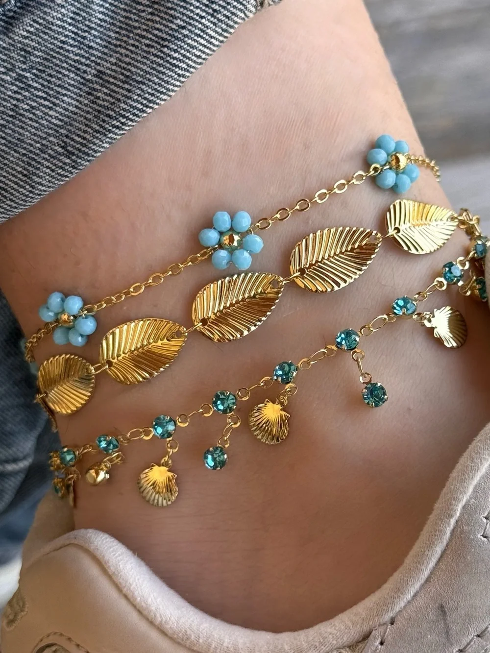 3/$40! Blue Crystal Flower 14k Gold Plated Anklet Water Resistant Summer Jewelry
